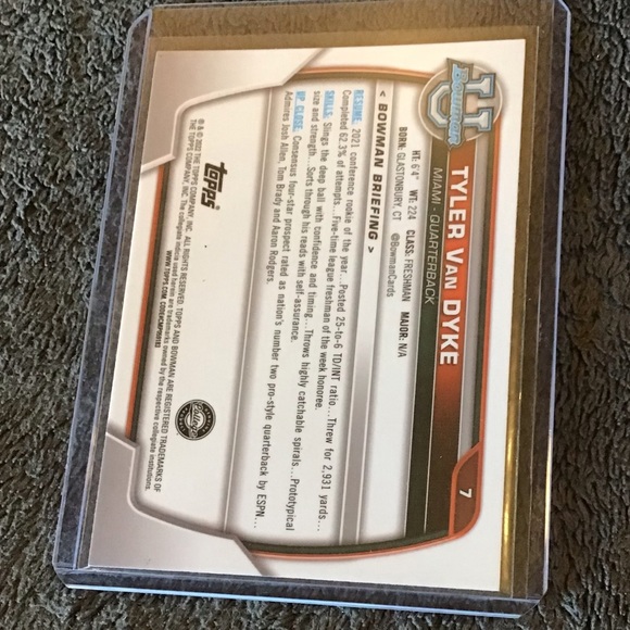 Tyler Van Dyke 2022 Topps Bowman Pink Chrome University-Miami The U - Picture 2 of 2
